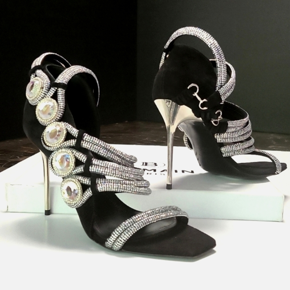 NIB$2995 Balmain Runway Uma Suede Crystal-Embellished Strappy Sandals 37.5 / 7 - Picture 6 of 16